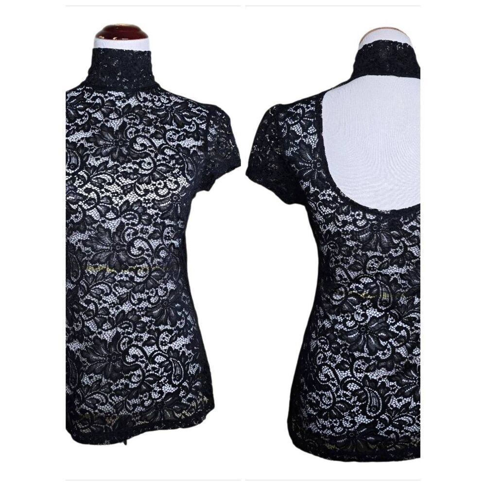Express Black Floral Lace Mock Neck Cap Sleeve Open Back Top Medium